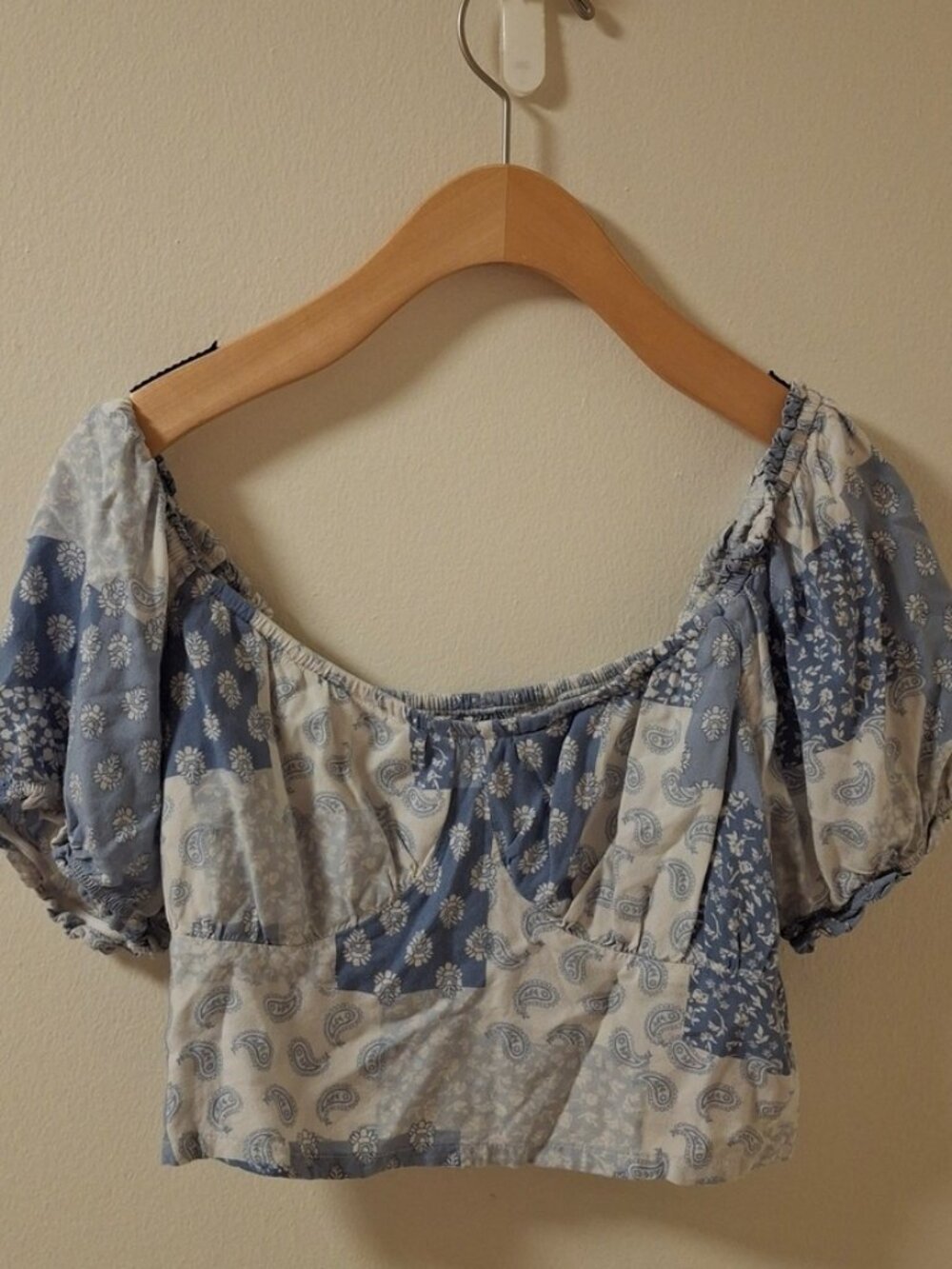Blue and White Puff Sleeve Crop Blouse